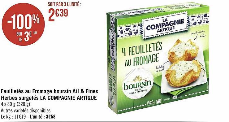 feuilletés au fromage boursin ail & fines herbes surgelés la compagnie artique