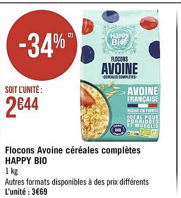 flocons avoine céréales complètes happy bio