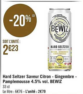 hard seltzer saveur citron - gingembre - pamplemousse 4.5% vol. bewiz
