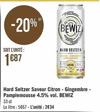 hard seltzer saveur citron - gingembre - pamplemousse 4.5% vol. bewiz