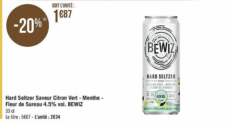 hard seltzer saveur citron vert - menthe - fleur de sureau 4.5% vol. bewiz