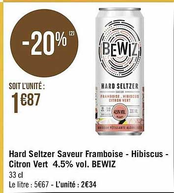 hard seltzer saveur framboise - hibiscus - citron vert 4.5% vol. bewiz