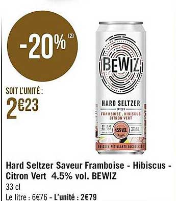 hard selzer saveur framboise - hibiscus - citron vert 4.5% vol. bewiz