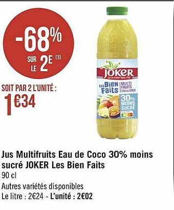 jus multifruits eau de coco 30% moins sucré joker les bien faits