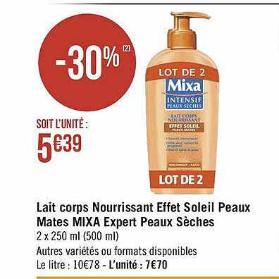 lait corps nourrissant effet soleil peaux mates mixa expert peaux sèches