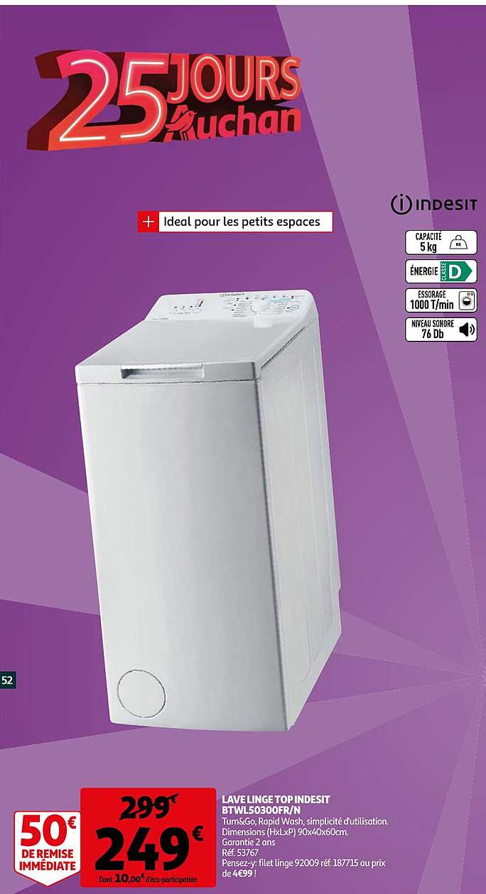 Lave Linge Top Indesit Btwl50300fr-n