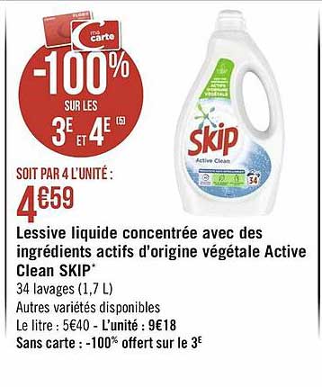 lessive liquide concentrée avec des ingrédients actifs d'origine végétale active clean skip