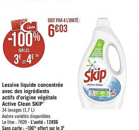 lessive liquide concentrée avec des ingrédients actifs d'origine végétale active clean skip