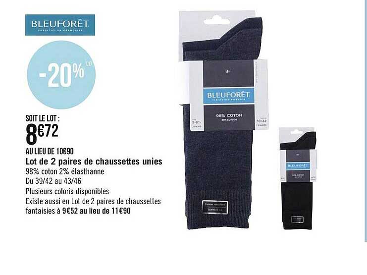 lot de 2 paires de chaussettes unies bleuforêt