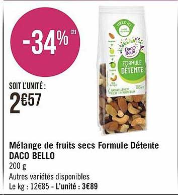 mélange de fruits secs formule détente daco bello