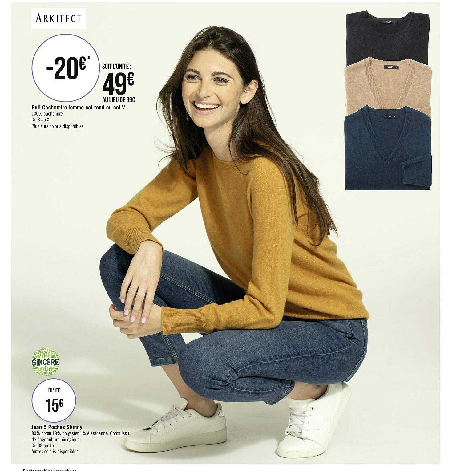 pull cachemire femme col rond ou col v, jean 5 poches skinny