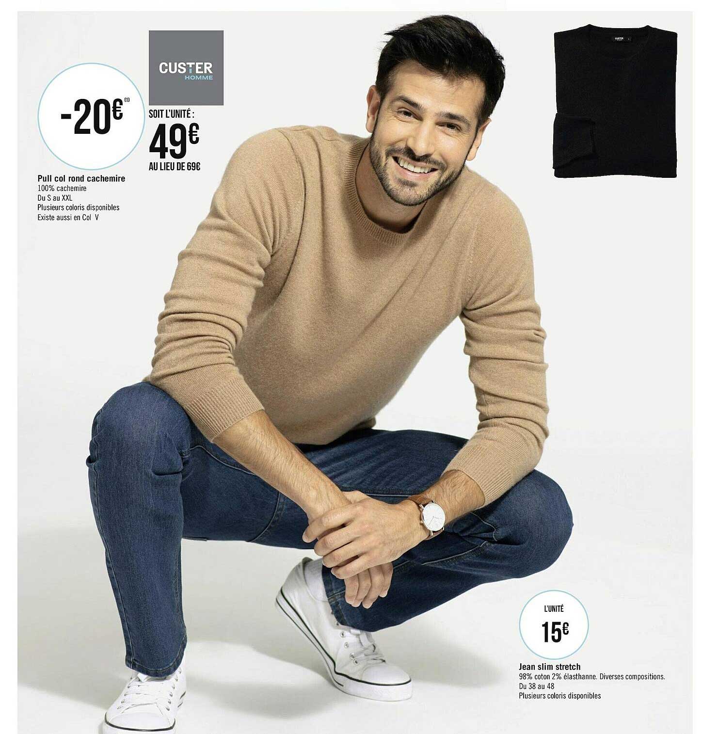 pull col rond cachemire, jean slim stretch