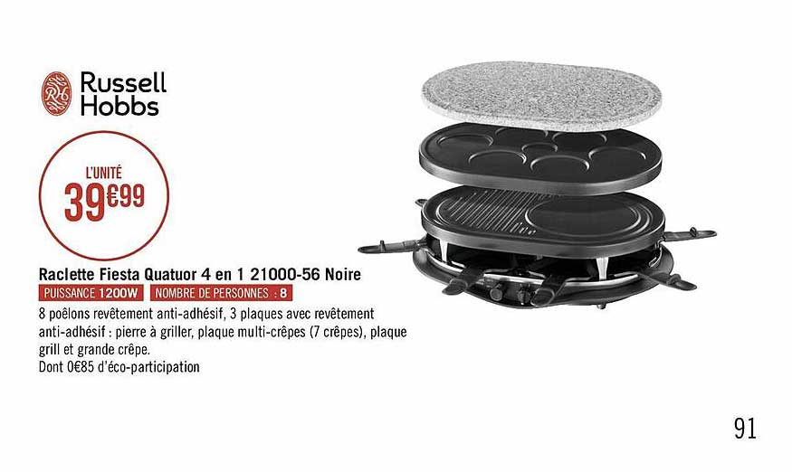 raclette fiesta quatuor 4 en 1 21000-56 noire russell hobbs