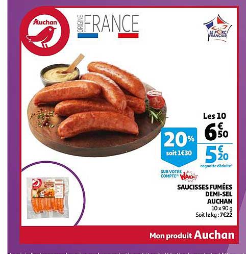 Saucisses Fumées Demi-sel Auchan
