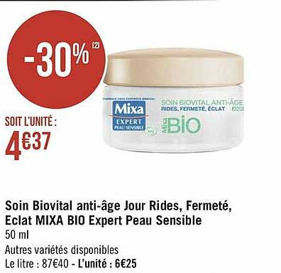 soin biovital anti-âge jour rides, fermeté, éclat mixa bio expert peau sensible