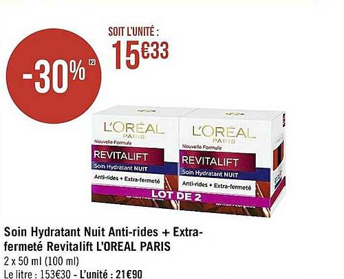 soin hydratant nuit anti-rides + extra-fermeté revitalift l'oréal paris