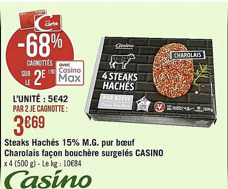 steaks hachés 15% m.g. pur bœuf charolais façon bouchère surgelés casino