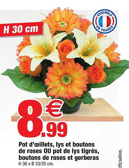 pot d'œillets, lys et boutons de roses ou pot de lys tigrés, boutons de roses et gerberas