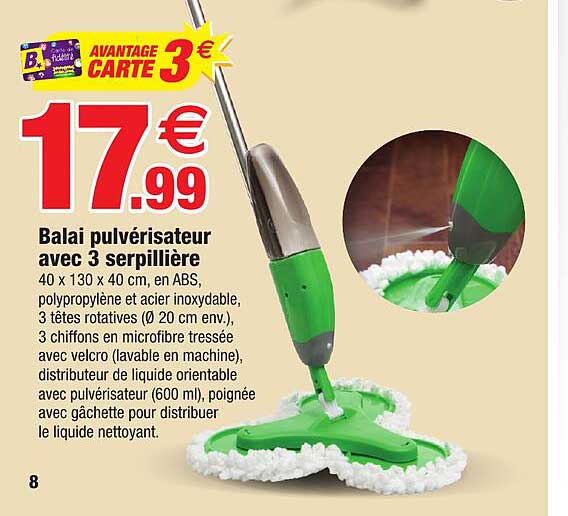 balai pulvérisateur avec 3 serpillière