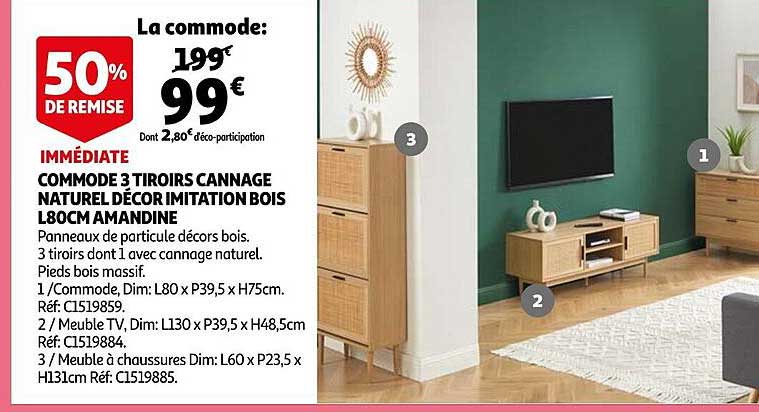 commode 3 tiroirs cannage naturel décor imitation bois l80 cm amandine