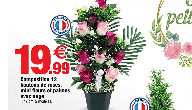 composition 12 boutons de roses, mini fleurs et palmes avec ange