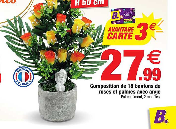 composition de 18 boutons de roses et palmes avec ange