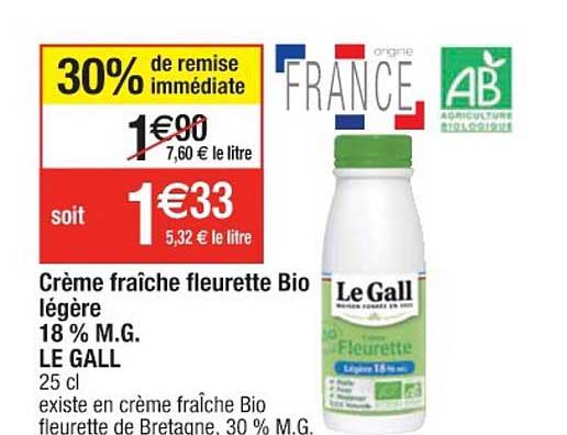 crème fraîche fleurette bio légère 18% m.g. le gall