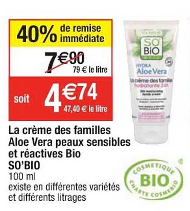 la crème des familles aloe vera peaux sensibles et réactives bio so'bio