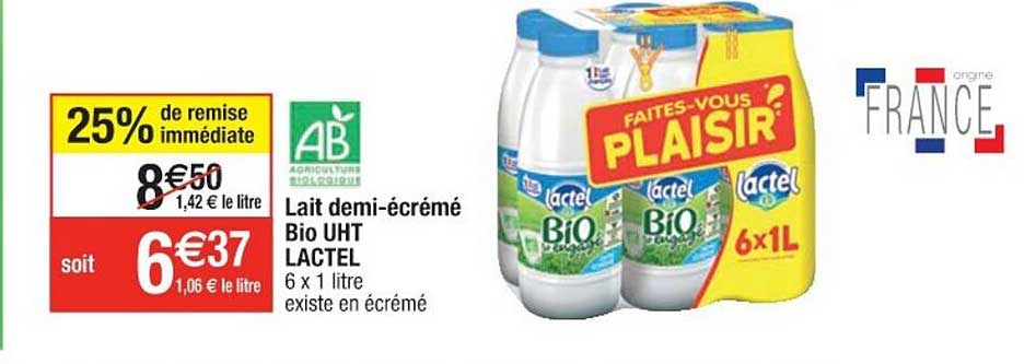 lait demi-écrémé bio uht lactel