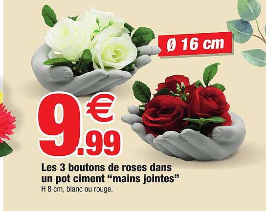 Les 3 Boutons De Roses Dans Un Pot Ciment "mains Jointes"