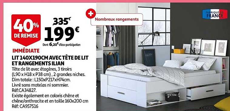 lit 140x190 cm avec tête de lit et rangements ilian