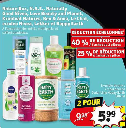 nature box, n.a.e., naturally good nivea, love beauty and planet, kruidvat natures, ben & anna, le chat, ecodeo nivea, lekker et happy earth