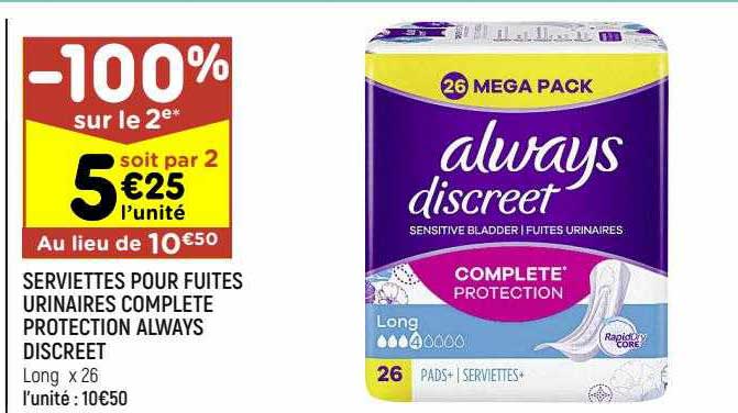 serviettes pour fuites urinaires complète protection always discreet