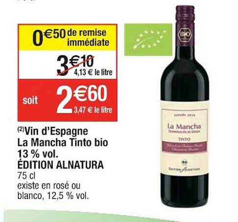 vin d'espagne la mancha tinto bio 13% vol. édition alnatura