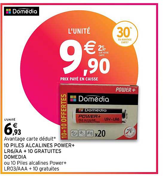 10 piles alcalines power+ lr6/aa + 10 gratuites domédia ou 10 piles alcalines power+ lr03/aaa + 10 gratuites