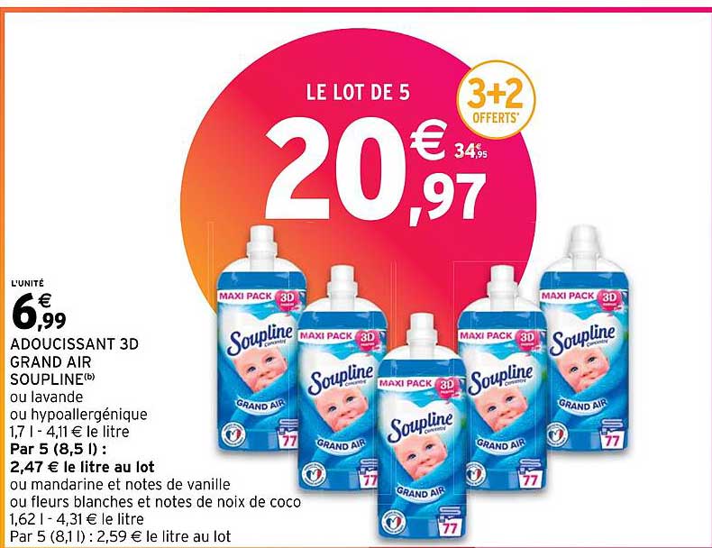 Adoucissant 3d Grand Air Soupline Ou Lavande Ou Hypoallergénique