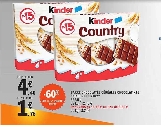 barre chocolatée céréales chocolat x15 "kinder country"