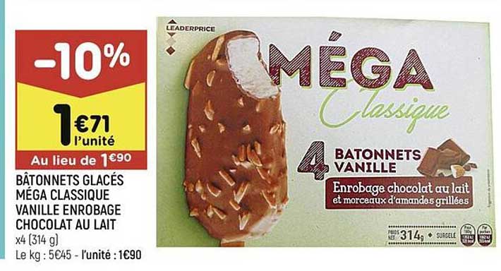 bâtonnets glacés méga classique vanille enrobage chocolat au lait