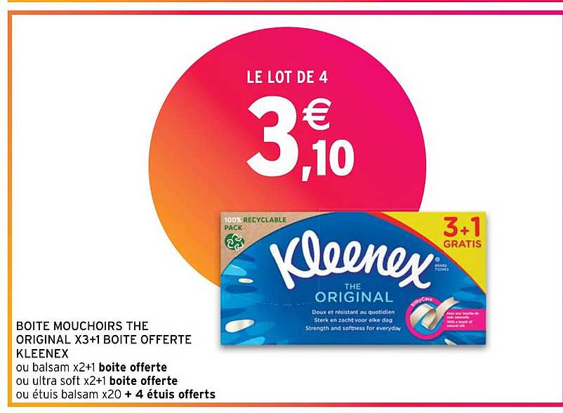 Boîte Mouchoirs The Original X3+1 Boîte Offerte Kleenex Ou Balsam Ou Ultra Soft Ou étuis Balsam