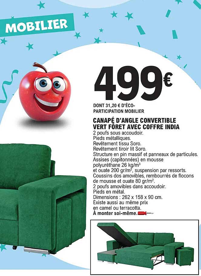 canapé d'angle convertible vert fôret avec coffre india