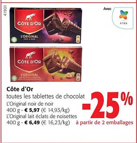 côte d'o'r toutes les tablettes de chocolat l'original noir de noir
