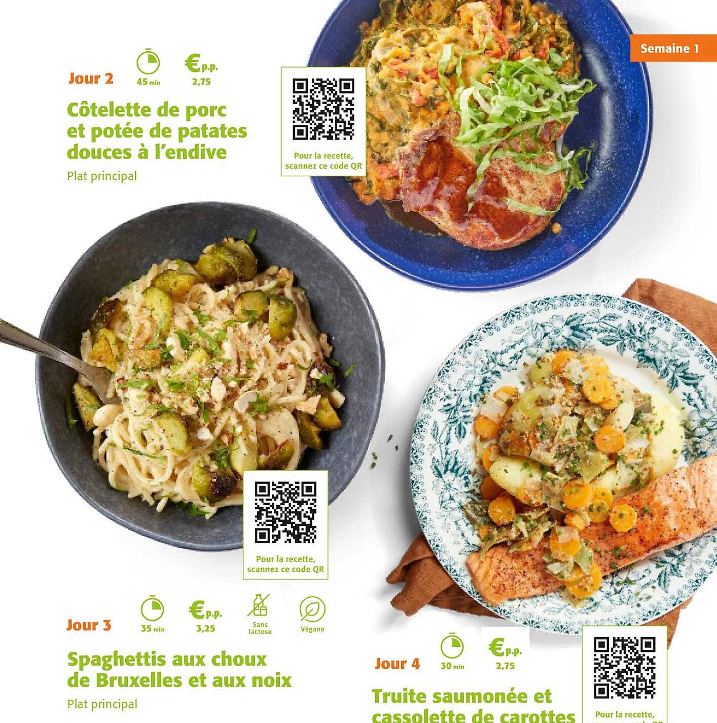 côtelette de porc et potée de patates douces à l'endive, spaghettis aux choux de bruxelles et aux noix, truite saumonée et cassolette de carottes