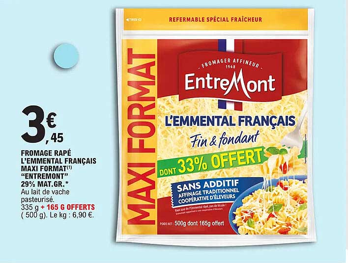 fromage râpé l'emmental français maxi format "entremont" 29% mat.gr.