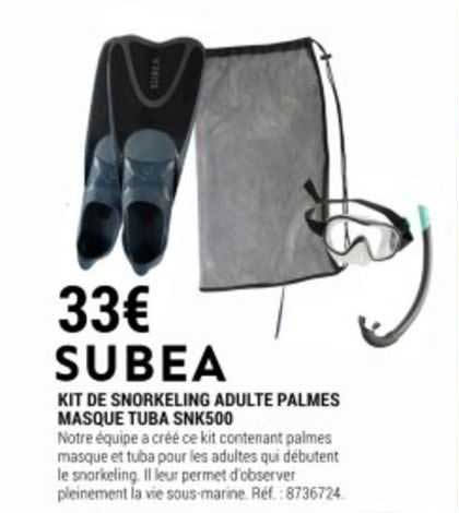kit de snorkeling adulte palmes masque tuba snk500 subea