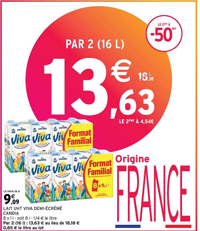 lait uht viva demi-écrémé candia