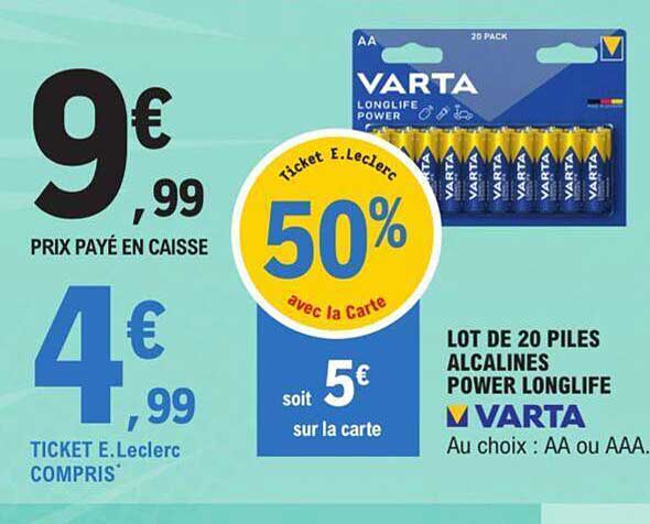 lot de 20 piles alcalines power longlife varta
