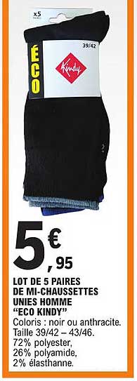 lot de 5 paires de mi-chaussettes unies homme "eco kindy"