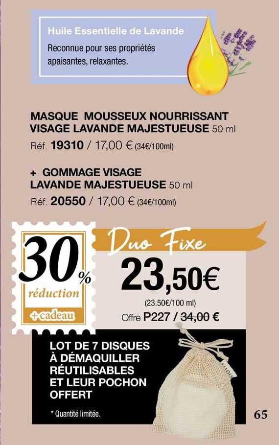 masque mousseux nourrissant visage lavande majestueuse + gommage visage lavande majestueuse, lot de 7 disques à démaquiller réutilisables et leur pochon offert