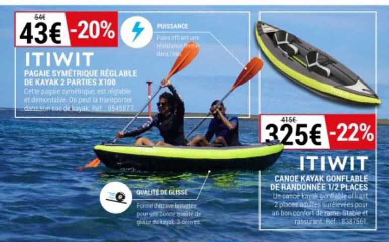 pagaie symétrique réglable de kayak 2 parties x 100 itiwit, canoe kayak gonflable de randonnée 1/2 place itiwit