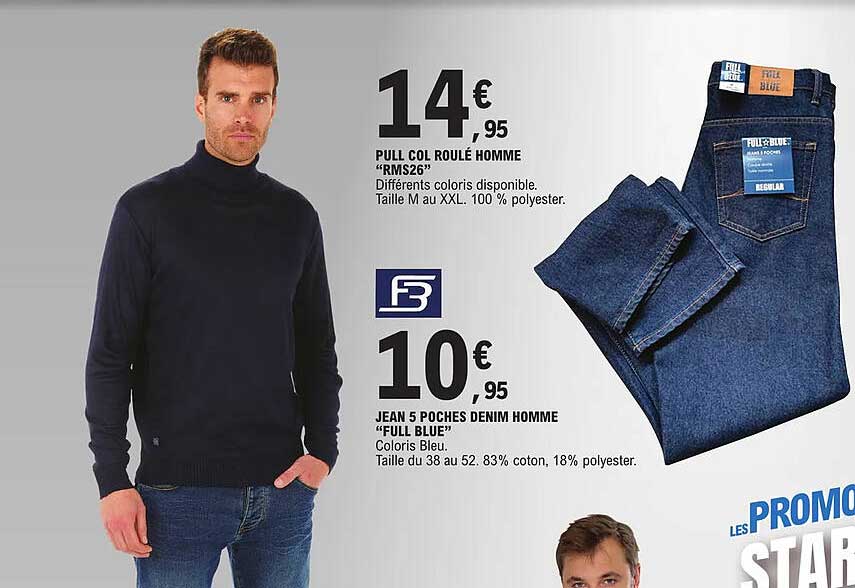 pull col roulé homme "rms26" ou jean 5 poches denim homme "full blue"